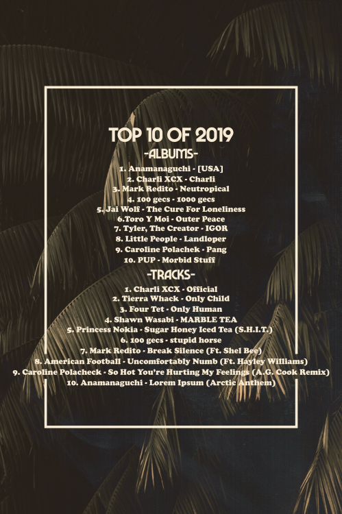 mutantrenegade:Top 10 Albums and Tracks of 2019!1. Anamanaguchi - [USA]2. Charli XCX - Charli3. Mark