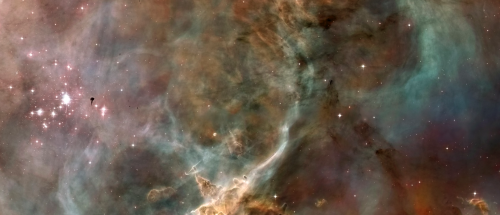 lordofthesvdandlonely:     carina nebula, about 8000 light years away, 50 light years long in this false colour image. bright star in second panel is about 100-150 times the mass of the sun.  