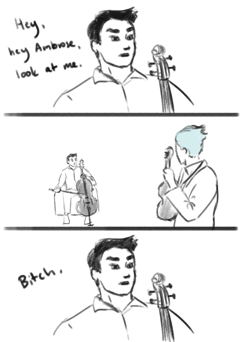 ashen-crest: [ID: a comic in three panels. The first panel has Eli with a cello saying, “