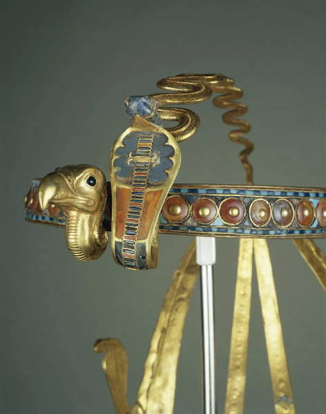 grandegyptianmuseum:  Royal  Diadem of TutankhamunThe royal diadem of Tutankhamun is made of gold, semi precious stones and vitreous pastes, with the Two Ladies Nekhbet (vulture) and Wadjet (cobra) on the forehead, deities of Upper and Lower Egypt. From