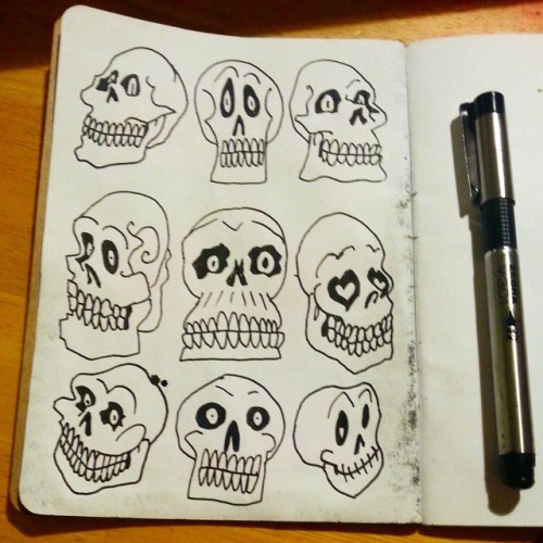 Filling up my Sketchbook Project aketchbook with skulls.  Technically my theme is Untitled, but really that just means skulls. I was thinking about doing skulls and butts, but this way I don’t need to label it as Mature Content, so it can reach