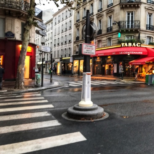 “Pietons Attention Bus a Contrasens,” intersection de rues, 7éme Arrondissement, soirée pluvieuse, P