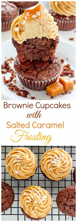 Dark Chocolate Brownie Cupcakes with Salted Caramel Frosting - Baker by Nature