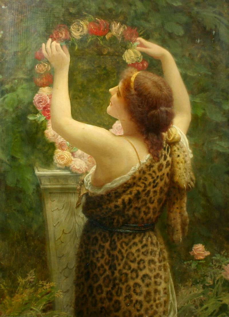 artbeautypaintings:  Woman with a floral wreath in a leopard dress - Charles Edward