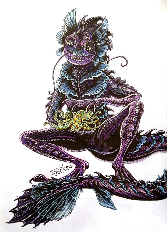 A detailed ink drawing of a humanoid fish creature with bulbous black eyes, a long tail, purple tinted scales, and blue tinted fins. It is holding a model octopus, yellow with a pattern of blue rings.