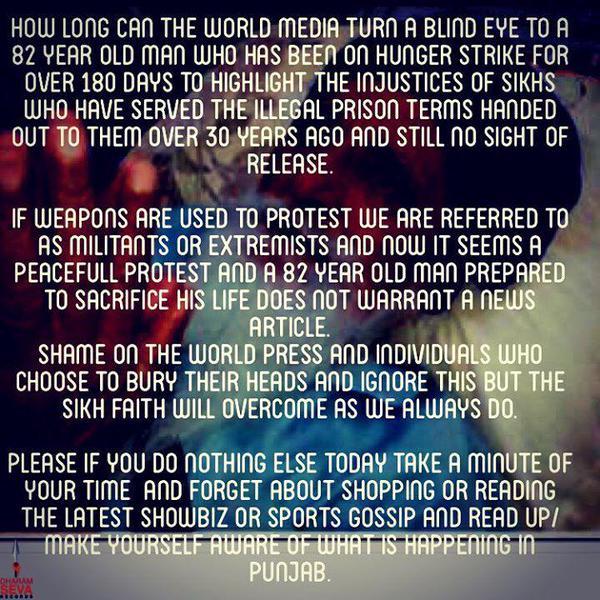 arronsingh:  An 82 year old man, #BapuSuratSingh, has been on a peaceful hunger