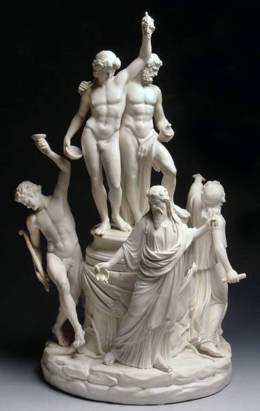 kourosart:Filippo Tagliolini (Fogliano di Cascia, 1745 - Napoli, 1809) “Trionfo di Bacco e Sileno” Biscuit della Real Fabbrica di Napoli. h. 61 cm.