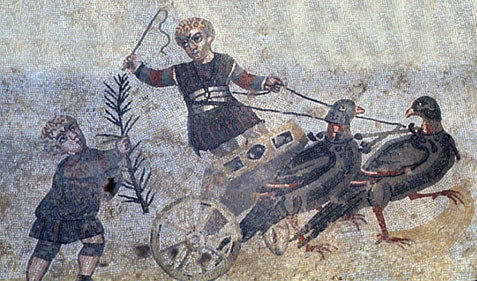 Now that’s just silly. Here are some mosaics of boys racing in bigae or two-horse chariots wit