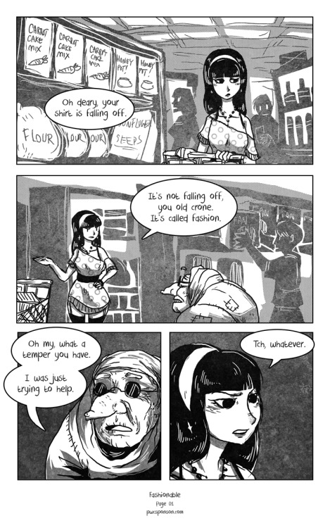 pwcsponson:  New comic! Fashionable is a short comic about a bratty woman being harassed at the grocery store for being indecent. Which she isn’t, until she is. It’s Pay-What-You-Want, right here! http://www.sponsoncomics.com/#!fashionable/c1764