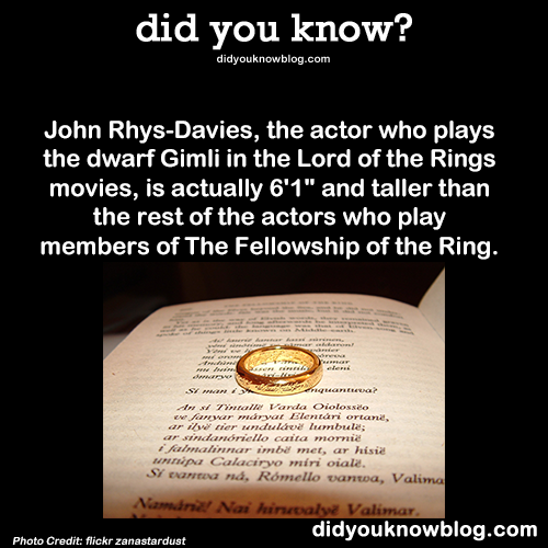 did-you-kno:  John Rhys-Davies, the actor who plays the dwarf Gimli in the Lord of the Rings movies, is actually 6’1” and taller than the rest of the actors who play members of The Fellowship of the Ring. Source