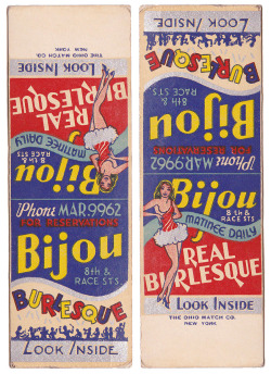 burleskateer:  Vintage 50’s-era matchbook for the ‘BIJOU Theatre’ in Philadelphia, Pennsylvania; located at the corner of 8th and Race Street.. Printed inside the matchbook was a free “ADMIT TWO” coupon, that could be redeemed for any weekday