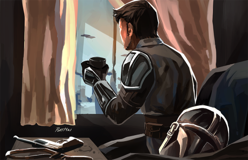 port-wind-waves:‘Mandalorian Alone’‘Cause he wouldn’t have his helmet off otherwise. :D  This was a 
