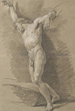hadrian6:Academic Study of a Male Nude,arms tied by ropes. 18th.century. Nicolas Bernard Lepicie. French 1735-1784. black stone, white chalk faded on grey paper. Christie’s upcoming auction March 2019.    http://hadrian6.tumblr.com