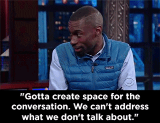 anexperimentallife:  mediamattersforamerica:  DeRay McKesson talks “Black Lives Matter” and helps Stephen Colbert address his privilege.  I like the symbolism here of them  physically trading places. 