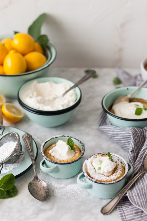 sweetoothgirl: Meyer Lemon Pudding Cakes + Honeyed Chevre Whipped Cream