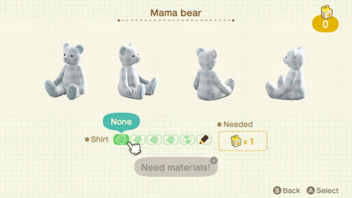 Item: mama bear# of customizations: 5Customization names: none, red stripes, blue stripes, yellow st