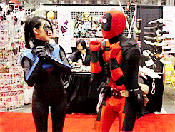 f1ipster:  seerofdoom:  hashtagsmores:  i’m in love  There are no Deadpool cosplayers. Deadpool sometimes just breaks the 4th wall to show up at conventions.  reblogging again because of the waldo gif 