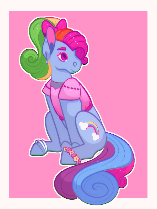 ponydoodles:Image Description: Gen 3 Rainbow Dash. She is sitting down, with her body facing to the viewer’s left, and head facing right. She is wearing a pink shirt, with a sweetheart neck design and pink bows on the sleeves. She has 2 visible piercings