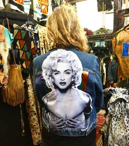 Patricia wearing her Madonna denim jacket handmade by Bowsdontcry clothing. #bowsdontcry #madonna #c