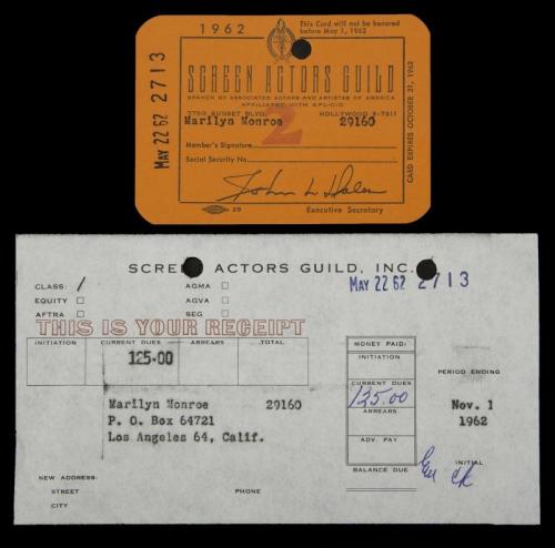 Marilyn Monroe’s final membership card to the Screen Actor’s Guild, along with the carbon copy of it