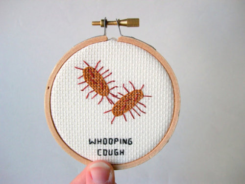 myhsvlife:  etsy:  Alicia Watkins’ embroidered microbes.  But streptococcus is a chain of circles. )