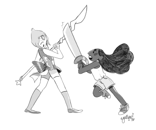 softmouseboy:b/w commission for @gallant-charlie! connie and pearl practicing swordplay ^u^still tak