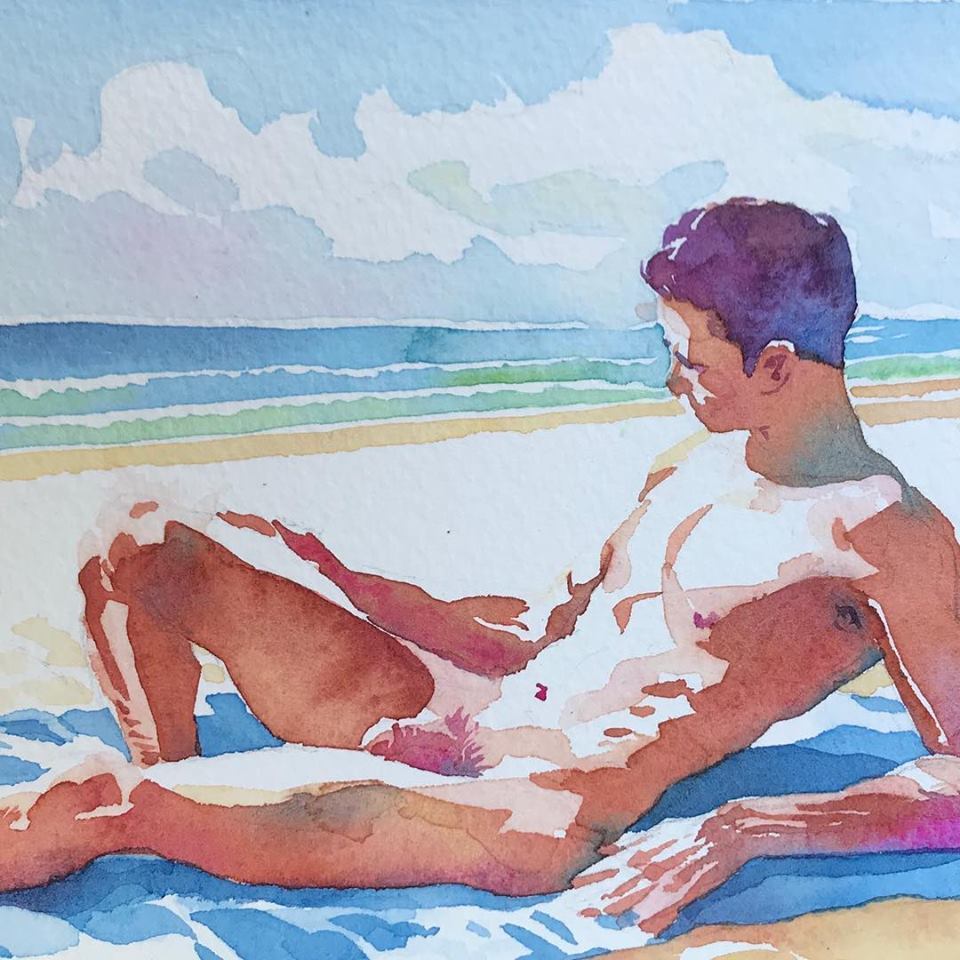 enchantemoimerlin:   Gabriel Garbow     A sunbather  5x7” watercolor on paper