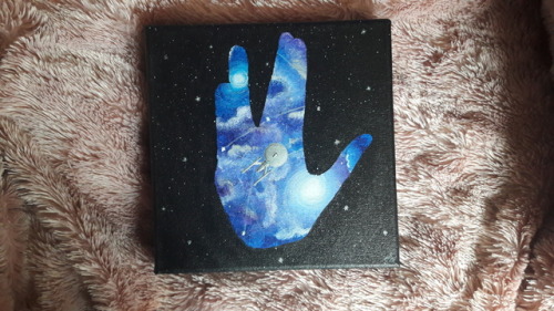 readysteadytrek:Painting is all done!! Lil Enterprise A in a Vulcan salute with a purple/blue nebula