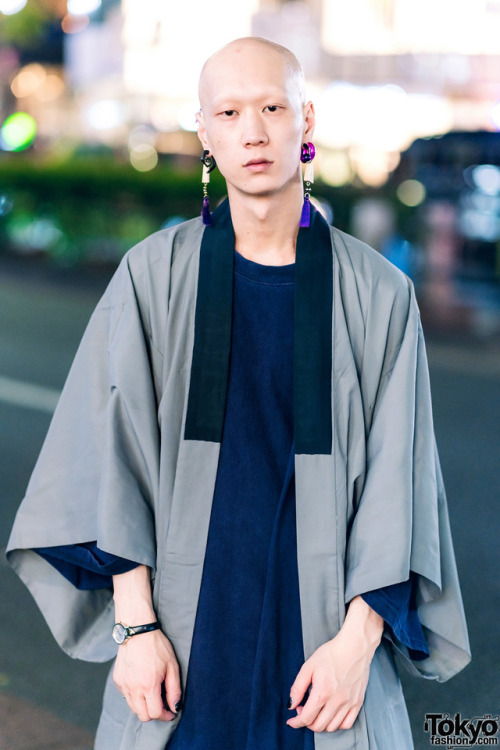 tokyo-fashion:  Japanese rock musician Shouta on the street in Harajuku wearing a vintage kimono with an oversized shirt, vintage wide leg pants, and Y-3 by Yohji Yamamoto loafers. Full Look