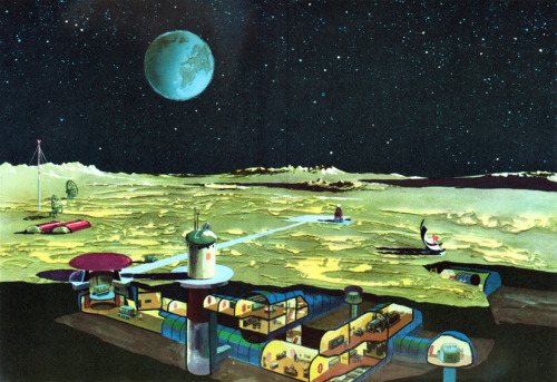 “Research Station on the Moon” illustrated by Eberhard and Elfriede Binder-Staßfurt.  Published in Space-to-earth man: A compilation of historical development of nature and society, edition #20, 1972.  The main station, complete with