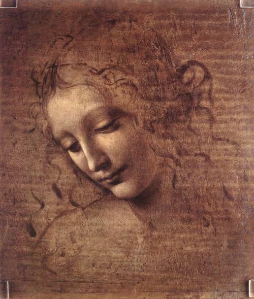 artist-davinci: Head of a Young Woman with Tousled Hair (Leda), 1508, Leonardo Da VinciMedium: gouac