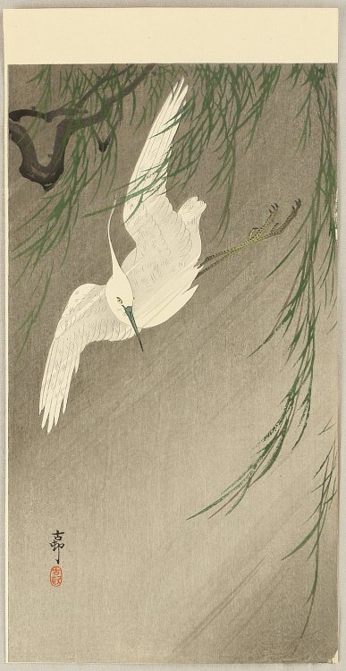 beifongkendo:Egret in a storm, woodblock print by Ohara Koson, ca.1900-1910.