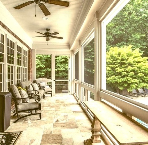 Traditional Porch - Backyard Mid-sized Elegant Tile Screened-in Back Porch Photo With A Roof Extension