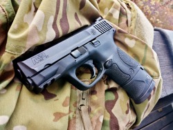 gunrunnerhell:  Smith &amp; Wesson M&amp;P9c The compact model of the M&amp;P9, it’s chambered in 9x19mm with a standard magazine capacity of 12+1. Note that in the first photo it has the 17 round extended magazine that mimics the grip length of the