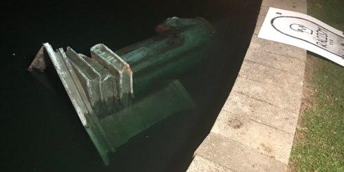 bye bye :) christopher columbus statue has been torn down and thrown in the lake by protesters in do