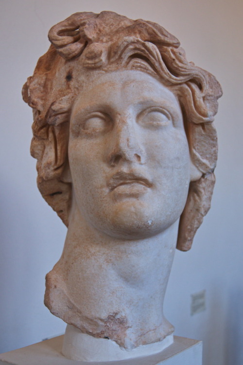 Ancient face. Antikes Gesicht.Head of a statue of Helios, the sun god. Rhodes museum 2017.