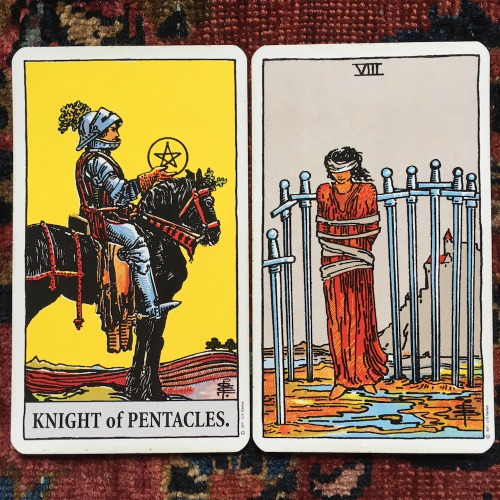 Knight of Pentacles and Eight of SwordsFortunately, someone is about to bring you a cake with a file