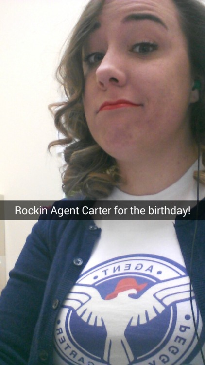 postcardsfromanedge: Rocking my Agent Carter tshirt by konchoo red lips and curls for my Birthday! I