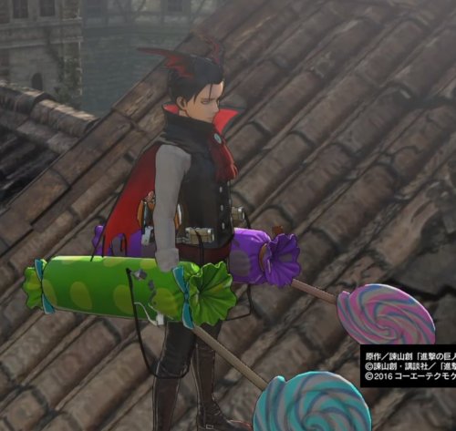 Vampire Bat Levi (AKA Levi in his “Halloween” DLC costume) and his candy 3DMG in the KOEI TECMO Shingeki no Kyojin Playstation game!ETA: Added more!My own gameplay of this Levi is here!  More from the SnK Playstation game!  