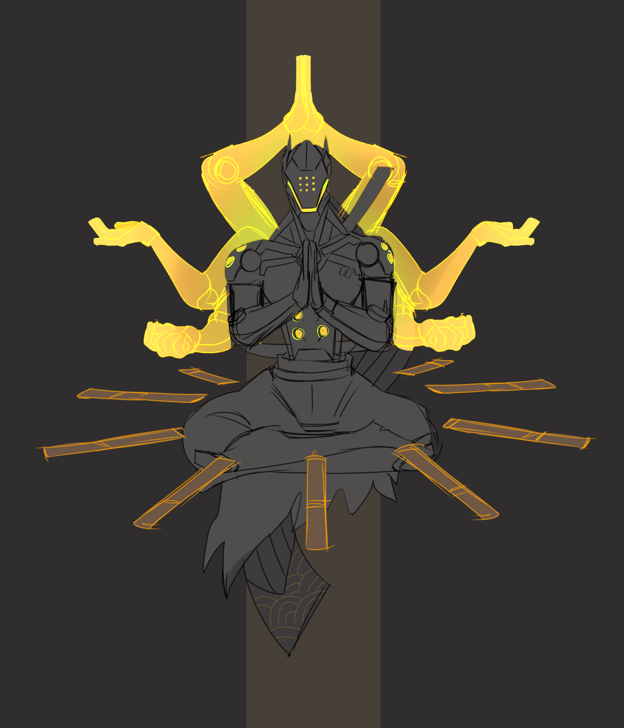 tu-ie:  Fiddling around with some roughs of a Genji x Zenyatta fusion I had- you