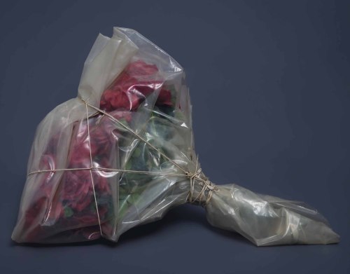 disease:WRAPPED BOUQUET OF ROSESCHRISTO // 1969[plastic flowers, plastic wrap, staples & twine |