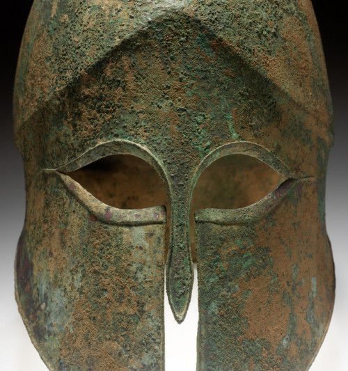 theancientwayoflife:~Helmet.Culture: CorinthianDate: 500 B.C. - 470 B.C.Medium: Bronze