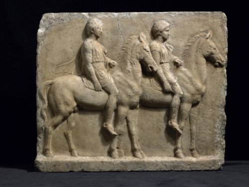 Votive offering, showing two mounted horsemen, possibly the Dioscuri, Castor and Polydeuces Greek, 3