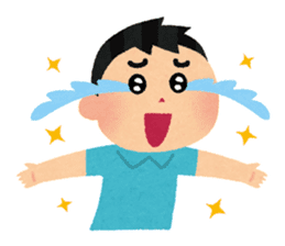 drawing of a man smiling with his arms spread wide as tears shoot out of his eyes comically while he's surrounded by sparkles. Art by @IRASUTOYA