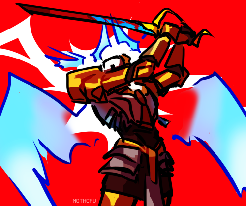 messy digital drawing of Gabriel raising his sword high in the air. it's covered in blood. the background is bright red, and there's a white lightning motif behind him