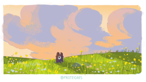 ✨ Soft and warm days in the big field ✨ Reggie enjoys an evening walk through a Lime Punch-colored p
