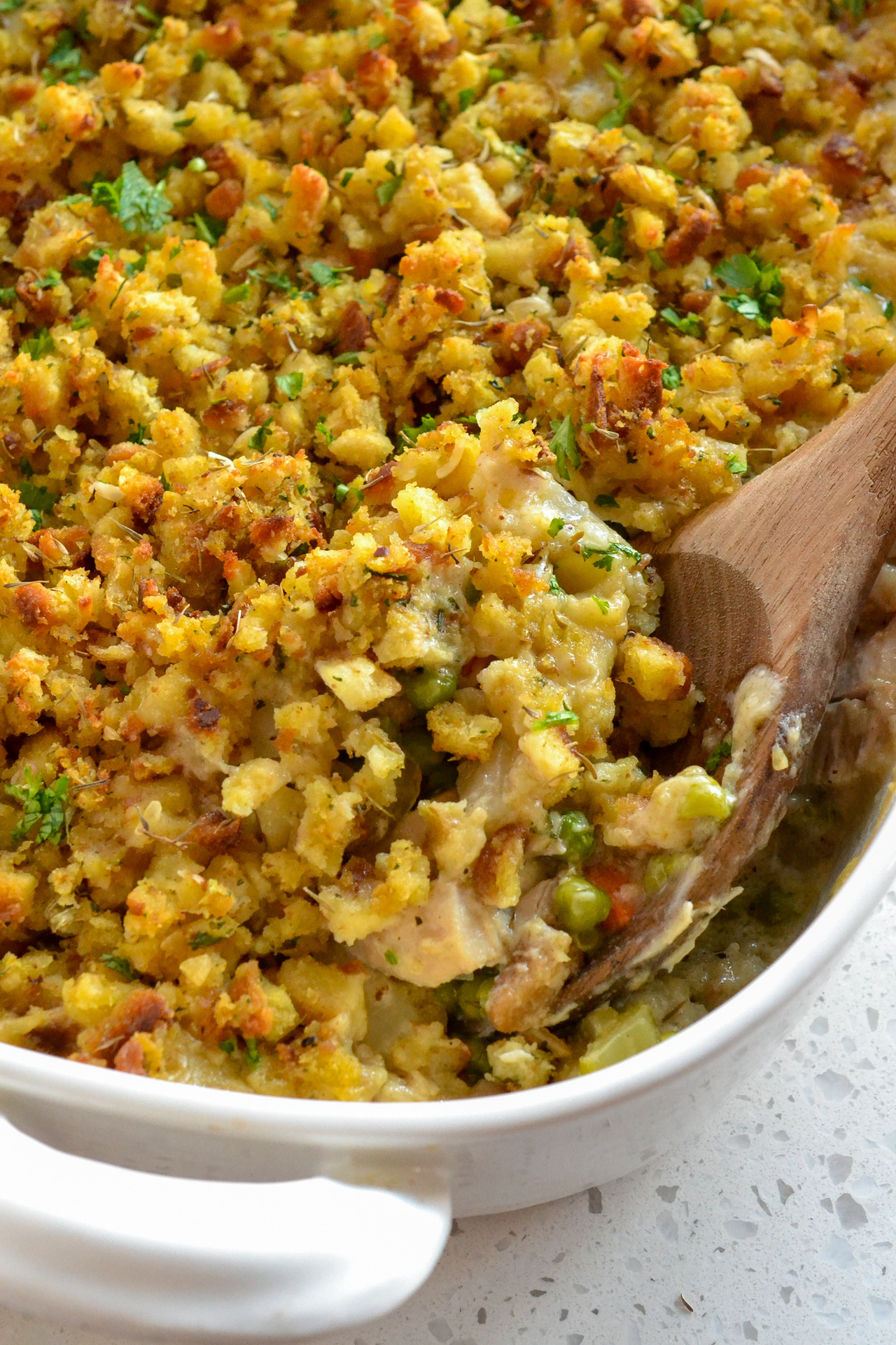 foodffs:  A tasty Chicken Stuffing Casserole plump full of onions, celery, carrots,