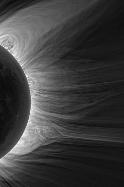 chaosophia218:Composite image of the Moon shows detailed view of a Solar Eclipse Corona which is easily visible only in the fleeting darkness of the total Solar Eclipse.