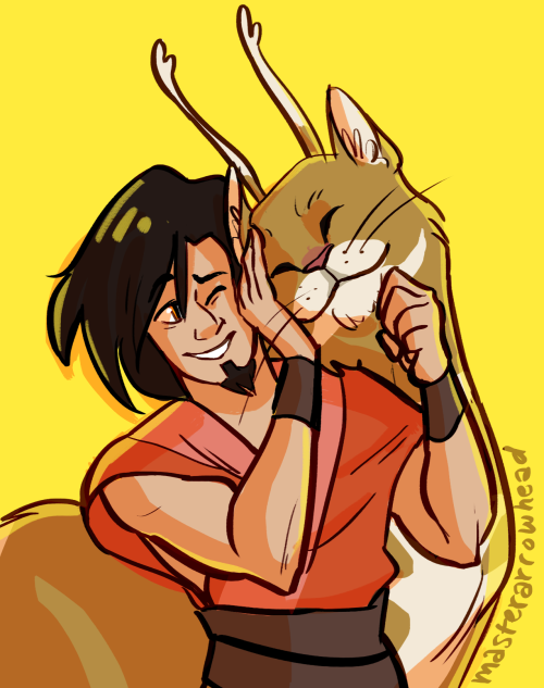 masterarrowhead:  I wanted to try drawing Wan and his cat deer companion Mulah because okay he’s cute and that cat deer omg I want to hug it and scratch its chin and behind it’s ears how cute and cool! 