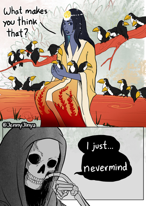 jenny-jinya:CW: animal deathPeople have asked for more interactions between Life and Death. Life is bringing so much color into my comics haha <3  